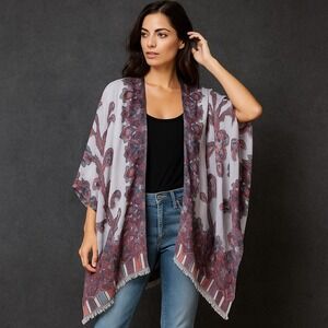 Chicos Kimono Women One Size Paisley Kimono Cardigan Shawl‎ Wrap Boho Fringe